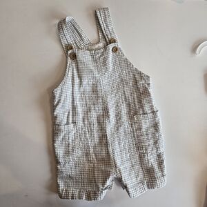 Little Planet Cream and Blue Baby Organic Cotton Checkered-Print Shortalls 18m